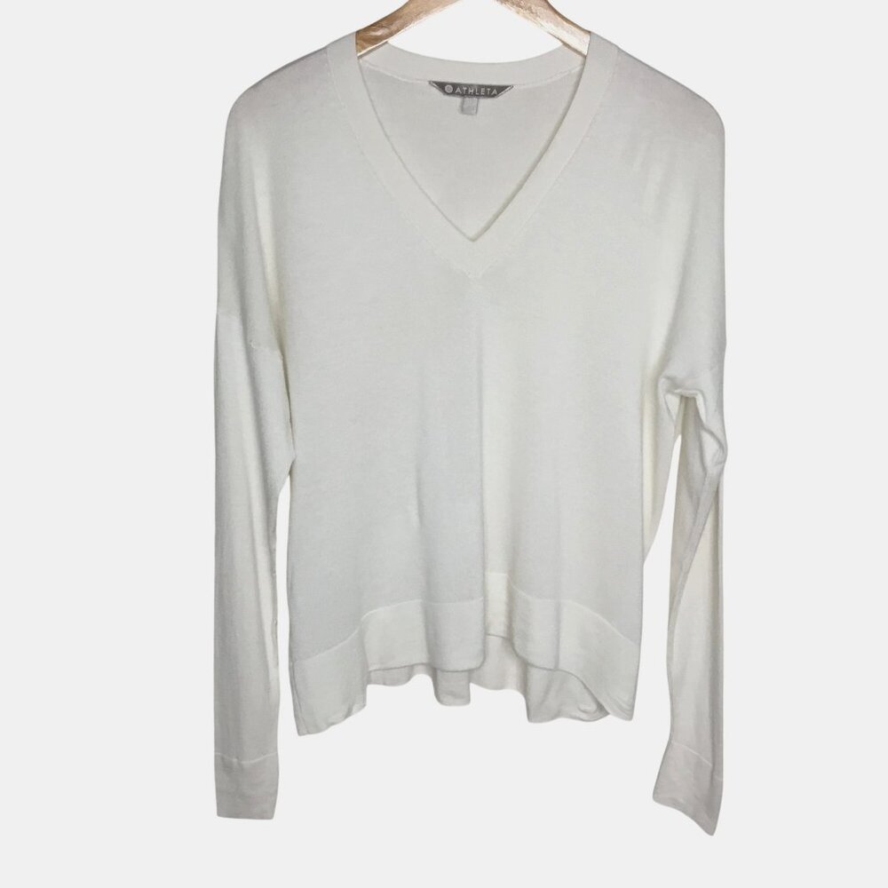 ATHLETA Silk Cashmere Blend Sweater Ivory V Neck Drop Shoulder S Minimalist Luxe